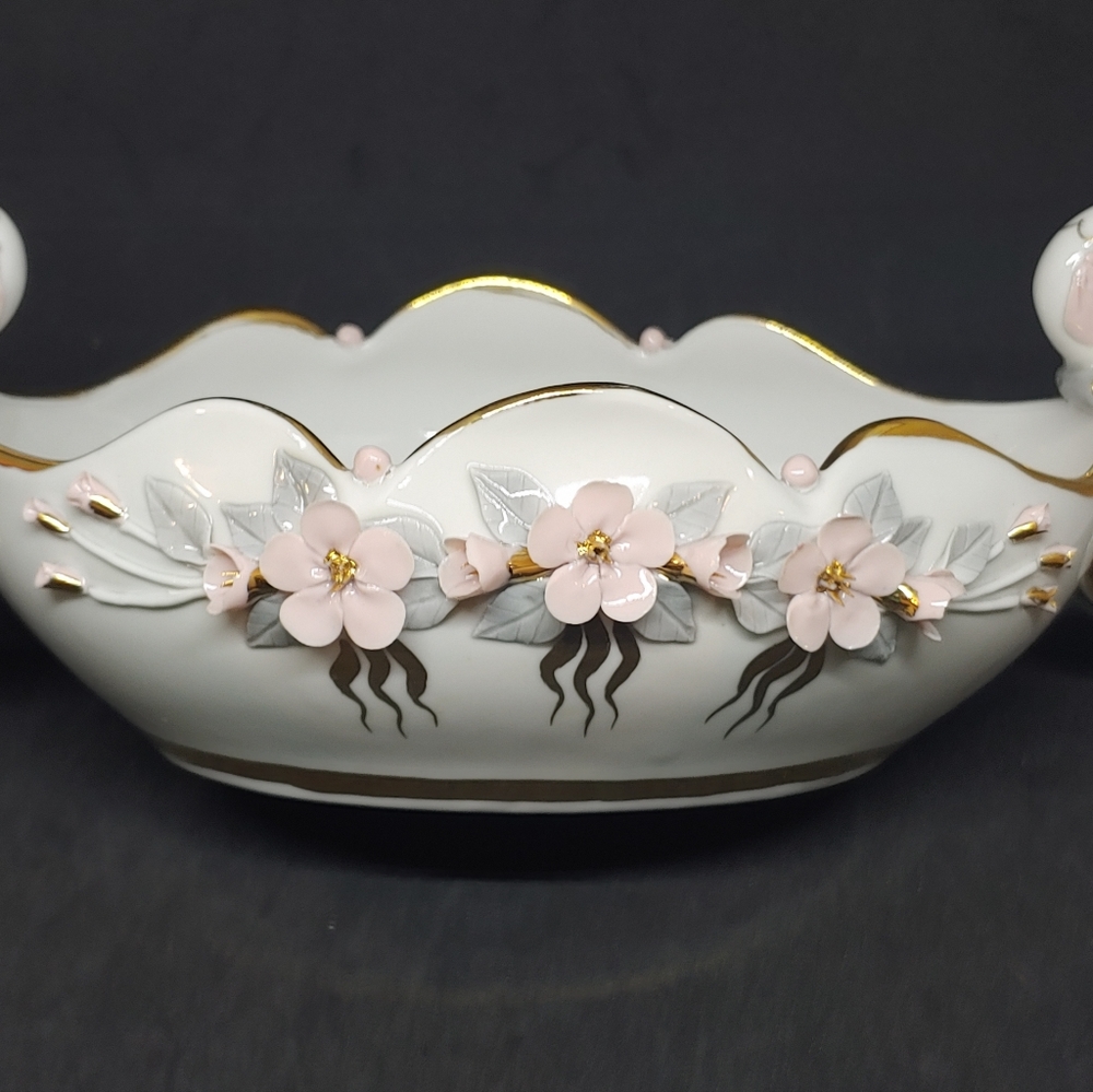 Vintage Hand Painted Porcelain Vessel Capodimonte style flowers Bird Handles